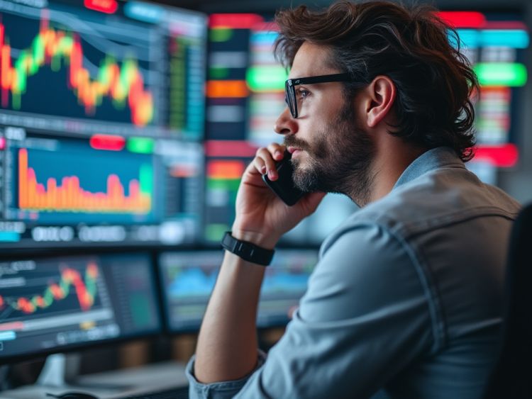 Trader looking at multiple screens displaying stock charts