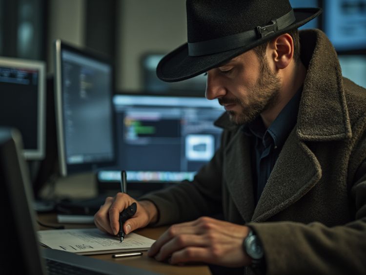 Image of a detective analyzing data in front of computer screens