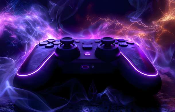 a game controller with a pink nebula background